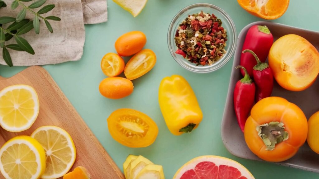 A table with a green table cloth showing lemons, peppers, grapefruit among other fruits and veggies